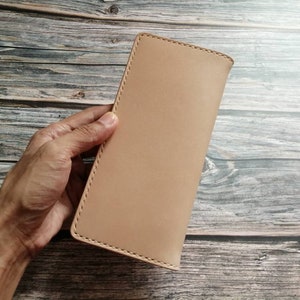 Cartera larga de cuero hecha a mano, cuero veg-tan, cartera de mujer, cartera de hombre, color natural