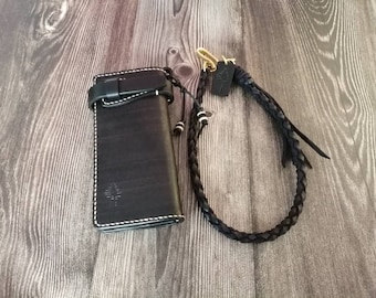 Biker wallet and Leather braided chain, Black Wallet, lanyard wallet, long Wallet, Men's wallet, veg tan leather, motorcycle Chain wallet