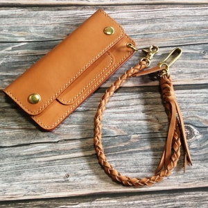 Trucker wallet and braided chain tan color, Italy veg-tan leather, Biker wallet, long Wallet,  Finished product ready for delivery