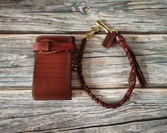 Handmade Veg-Tan Leather Biker Wallet with Braided Chain