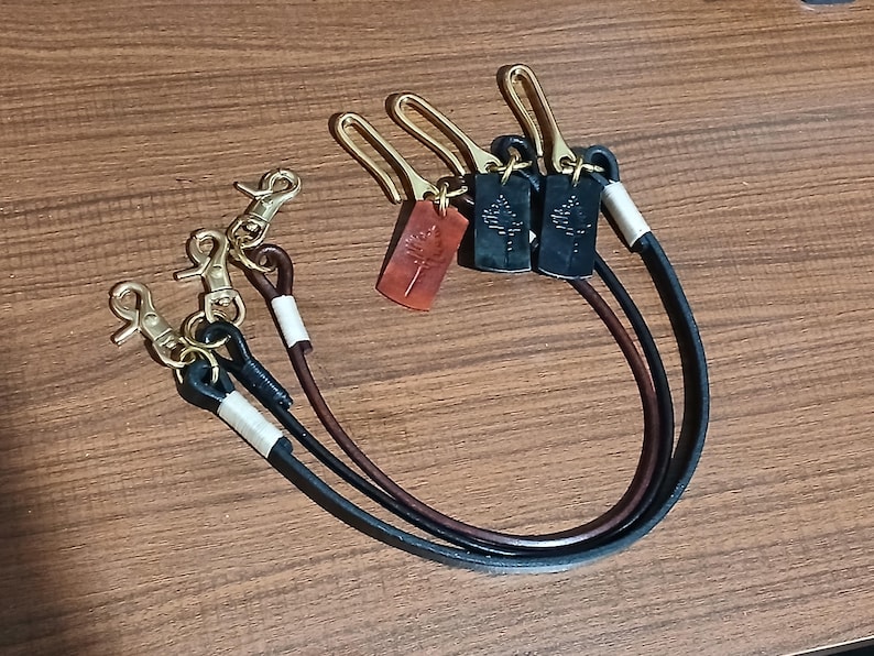 Black Leather Rope Wallet Chain, Solid Brass Lanyard, Biker Key Strap, Tree Works Logo image 12