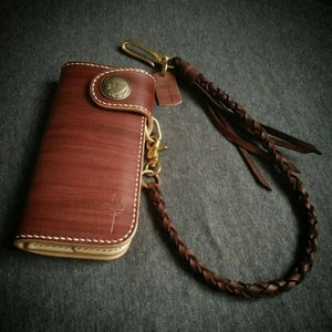 Cartera de motociclista y cadena trenzada, billetera con cordón, billetera larga de cuero hecha a mano, billetera de hombre, billetera de cadena de motocicleta, regalo personalizado