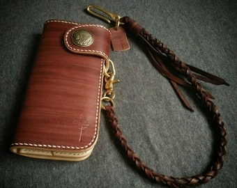 Handmade Leather Biker Wallet with Braided Chain: Personalized Long Wallet