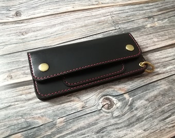 Handmade Black Leather Trucker Wallet: Long Bifold Wallet