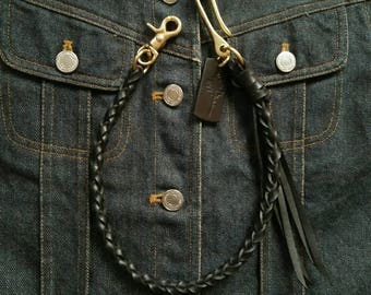 Handmade Braided Leather Wallet Chain: Solid Brass, Black Veg-Tan