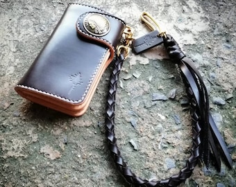 Handmade Veg Tan Leather Biker Wallet, Braided Chain, Solid Brass Hardware