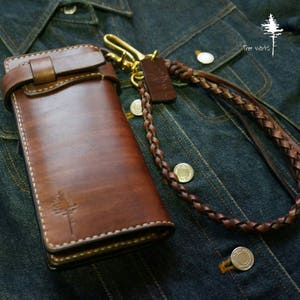 Bikerportemonnee en leren gevlochten ketting, handgemaakte portemonnee, portemonnee met sleutelkoord, lange portemonnee, herenportemonnee, vegetarisch bruin leer, motorketting portemonnee