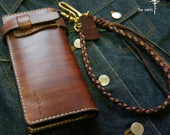 Handmade Veg Tan Leather Biker Wallet with Braided Chain