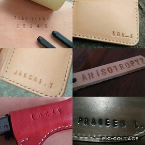 K&ouml;nnte beinhalten: Eine Collage aus f&uuml;nf Lederwaren mit verschiedenen eingepr&auml;gten Namen. Die Namen sind "Tree Works 12345", "JON-S", "JAKSAI.T", "ANISOTROPYZ" und "PRATEEN L.".