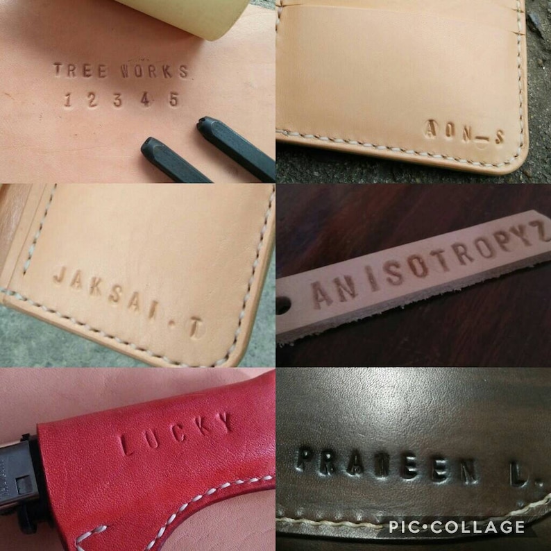 K&ouml;nnte beinhalten: Eine Collage aus f&uuml;nf Lederwaren mit verschiedenen eingepr&auml;gten Namen. Die Namen sind "Tree Works 12345", "JON-S", "JAKSAI.T", "ANISOTROPYZ" und "PRATEEN L.".
