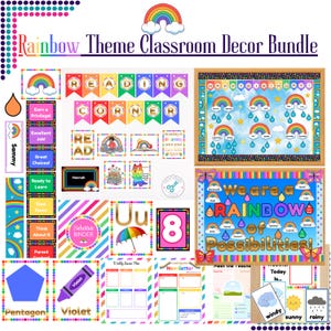Puede incluir: Un colorido paquete de decoración para el aula con temática de arcoíris. Incluye pancartas, carteles y materiales educativos con arcoíris, nubes y frases motivadoras. Presenta las palabras "Reading Corner" y "We are a Rainbow of Possibilities!"
