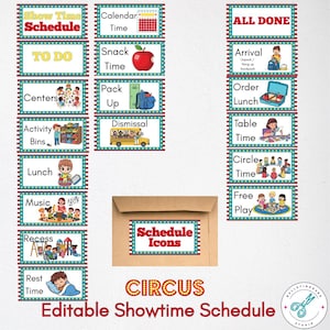 May include: A collection of colorful, illustrated schedule cards for a classroom. Each card features a different activity, such as "Lunch," "Recess," and "Circle Time." The cards are bordered with red and teal accents. The words "Showtime Schedule" are also visible.
