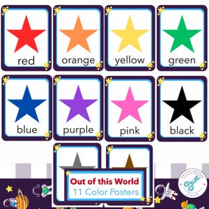 May include: Eleven color posters with star shapes in red, orange, yellow, green, blue, purple, pink, and black. Each card has a white border and the color name below the star. The set is titled "Out of this World" and includes 11 color posters.