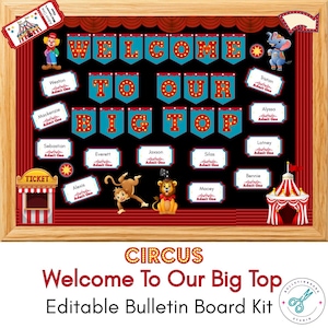 Op de afbeelding: Een ingelijste circus-thema prikbordkit. De woorden "Welcome To Our Big Top" worden weergegeven in rode en blauwe letters. Het bord bevat illustraties van circusdieren, kaartjes en een kaartjeskraam. De tekst "Editable Bulletin Board Kit" is ook aanwezig.