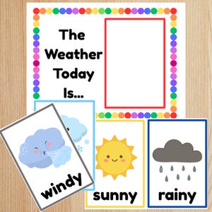 Może przedstawiać: Kolorowy wykres pogodowy z tekstem "The Weather Today Is..." i pustym polem. Zawiera karty ze słowami "windy", "sunny" i "rainy", każda z ilustracjami warunków pogodowych.