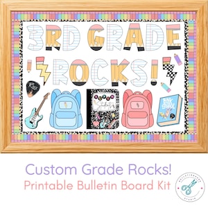 May include: A printable bulletin board kit featuring the text 3RD GRADE ROCKS! with pencil-themed lettering. The design includes illustrations of a light blue electric guitar, a black and white guitar pick, two backpacks, a notebook, and a book.