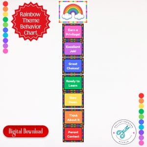May include: A rainbow-themed behavior chart with a red starburst header and a rainbow at the top. The chart includes phrases like "Earn a Privilege!" and "Parent Contact." A "Digital Download" button is at the bottom.