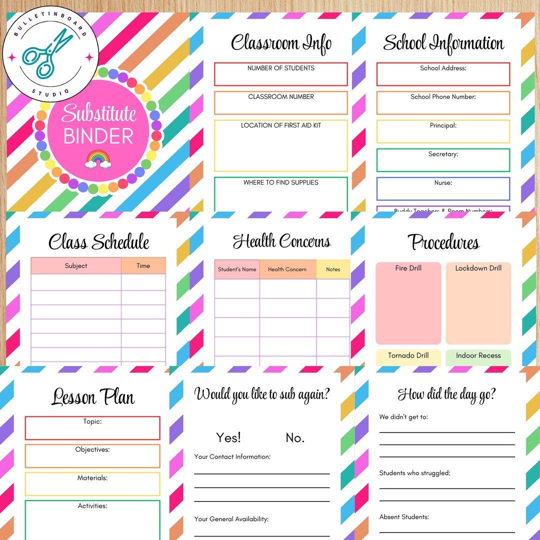 Substitute Teacher Plans Binder Rainbow Theme Classroom Organization ...