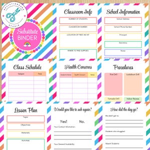 May include: A colorful substitute binder template with sections for classroom info, class schedule, lesson plans, and procedures. The design features a rainbow color scheme and the text "Substitute Binder".
