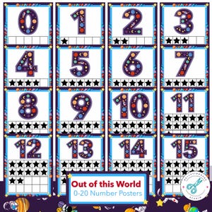 May include: A collection of number posters, displaying numbers 0-15, with a space theme. Each poster features a number in a dark purple hue, decorated with planets and stars. The posters have a blue border and a row of stars at the bottom.