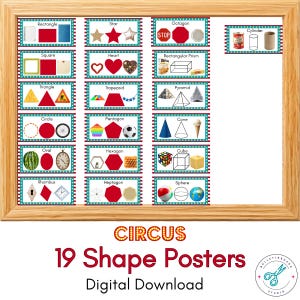 Puede incluir: Un póster educativo enmarcado en madera titulado "CIRCUS 19 Shape Posters Digital Download". Muestra 19 formas diferentes, incluyendo rectángulos, cuadrados, triángulos, círculos, óvalos y más, cada uno con una imagen.