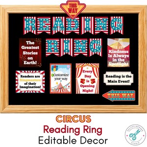 Könnte beinhalten: Ein gerahmtes Bulletin Board mit schwarzem Hintergrund, dekoriert mit Zirkus-Themen-Elementen. Die Worte "Reading Ring" sind in rot, weiß und blau dargestellt. Zusätzliche Schilder enthalten Sätze wie "The Greatest Stories on Earth!" und "Every Day is Opening Night!"