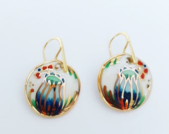 flower earrings / summer flowers / porcelain / porcelain jewelry / jewelry / white porcelain art / colors / gold / hand painted