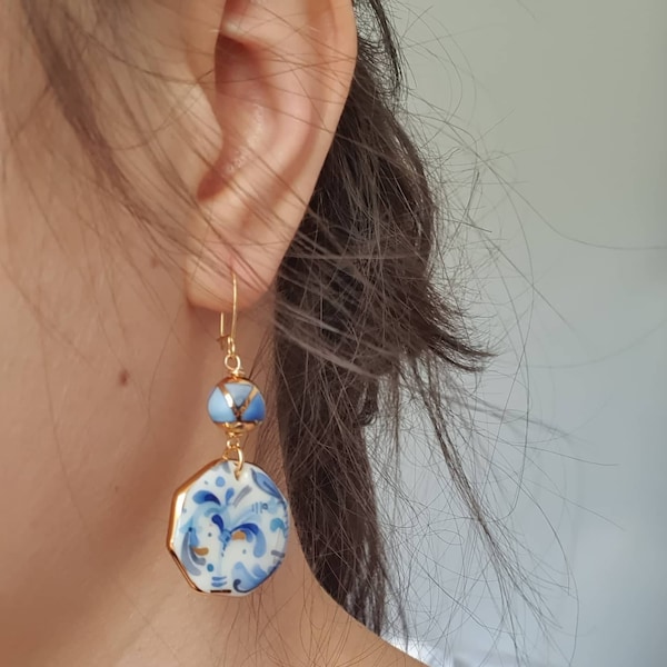 Earrings Delft  /  Porcelain Earrings / Ceramic / Ceramic Earrings  / Hand-crafted  / Jewellery / Blue / Gold / Art / Hand painted  / Bijoux