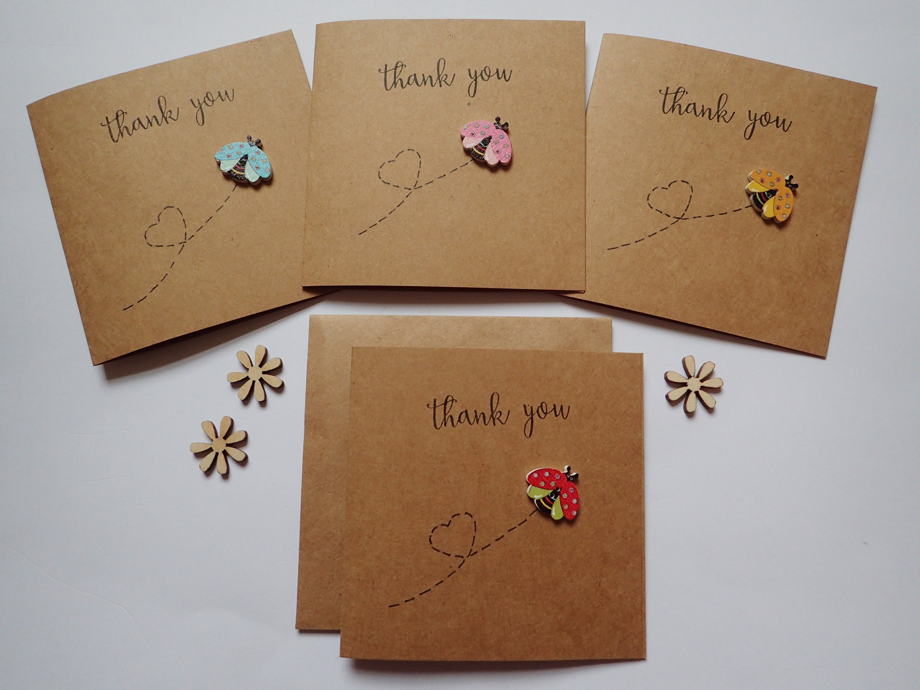 Pack Of Ladybird Button Thank You Cards Handmade Insect Etsy