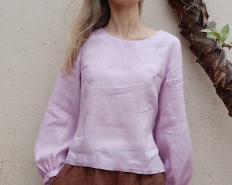 Long puff sleeve top, lightweight linen, handmade in Spain • PAEONIA