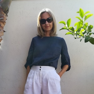 Boat neck  3/4 puff sleeve top, lightweight ramie /  puff sleeve linen summer top // BACHELOR BUTTON