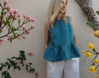 Sleeveless peplum top, medium weight linen, handcrafted in Spain • SALVIA