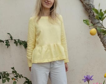 Long-sleeve peplum top, medium weight linen, handcrafted in Spain • FALL SALVIA