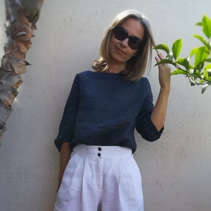 Blue boat neck, 3/4 puff sleeve top, ramie. Puff sleeve linen summer top.