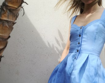 Leinen Bustier-Kleid / Print-Kleid mit Druckknopfleiste und Taschen / Leinenkleid mit breiten Trägern / Sweetheart Ausschnitt-Kleid // CATTAIL