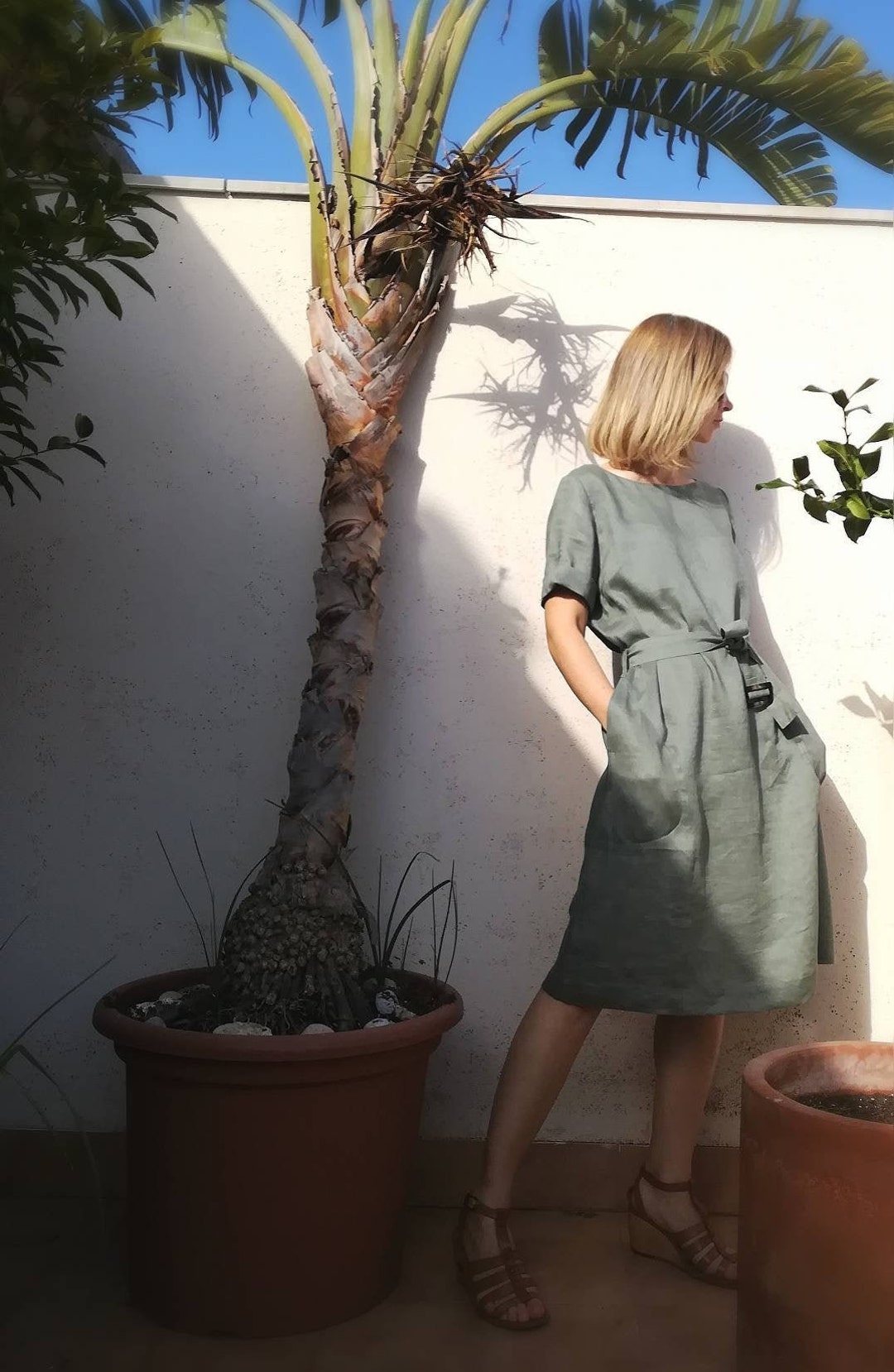 Boat neck long sleeve banded knee length lined dress