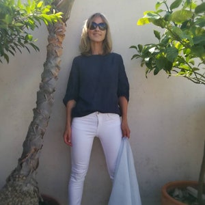 Blue boat neck, 3/4 puff sleeve top, ramie. Puff sleeve linen summer top.