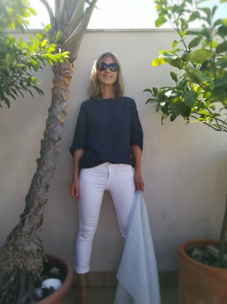 Blue boat neck, 3/4 puff sleeve top, ramie. Puff sleeve linen summer top.