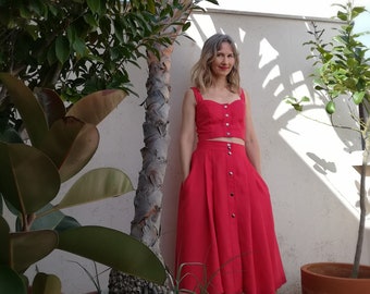 Pleated midi skirt with side pockets, medium weight linen / Snap-button-front wide skirt / Skirt with elastic waist // RED PRIMULA