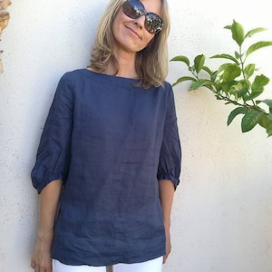 Blue boat neck, 3/4 puff sleeve top, ramie. Puff sleeve linen summer top.