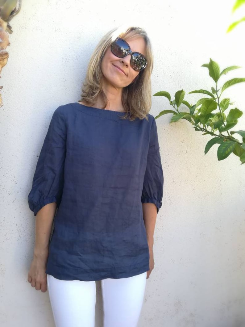 Blue boat neck, 3/4 puff sleeve top, ramie. Puff sleeve linen summer top.