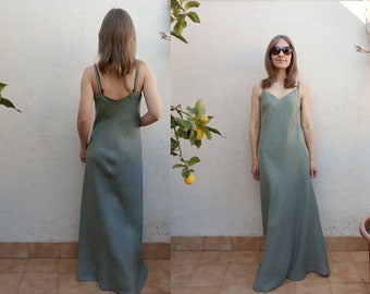 Bias cut camisole maxi dress, medium weight linen / Slip dress / Lounge dress // HEART FERN