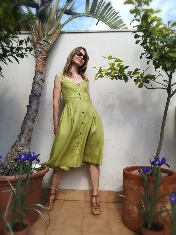 Linen Bustier Dress / Snap-button-front 