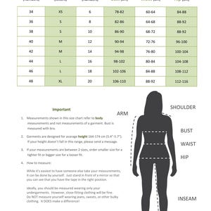 May include: A size chart table with columns for EU, letter, and UK sizes alongside bust, waist, and hip measurements in centimeters. Below, a black silhouette diagram illustrates body measurement points including shoulder, bust, waist, hip, and inseam.