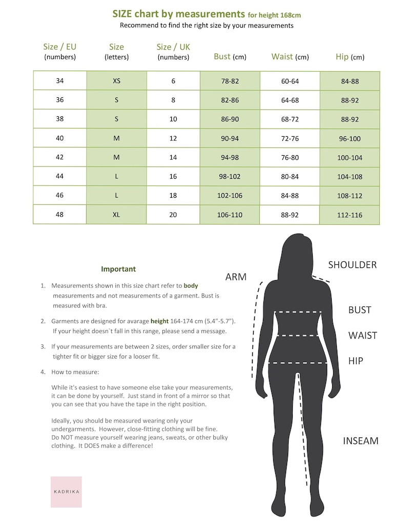 May include: A size chart table with columns for EU, letter, and UK sizes alongside bust, waist, and hip measurements in centimeters. Below, a black silhouette diagram illustrates body measurement points including shoulder, bust, waist, hip, and inseam.