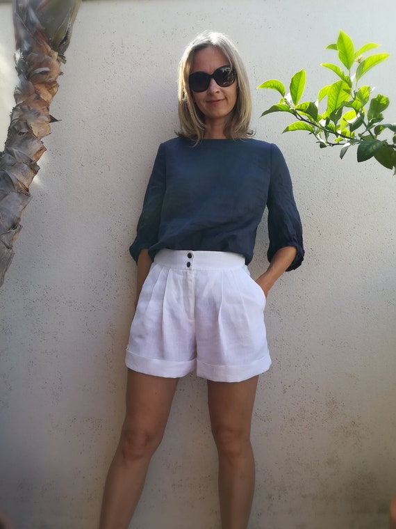Boat neck  3/4 puff sleeve top, lightweight ramie • BACHELOR BUTTON