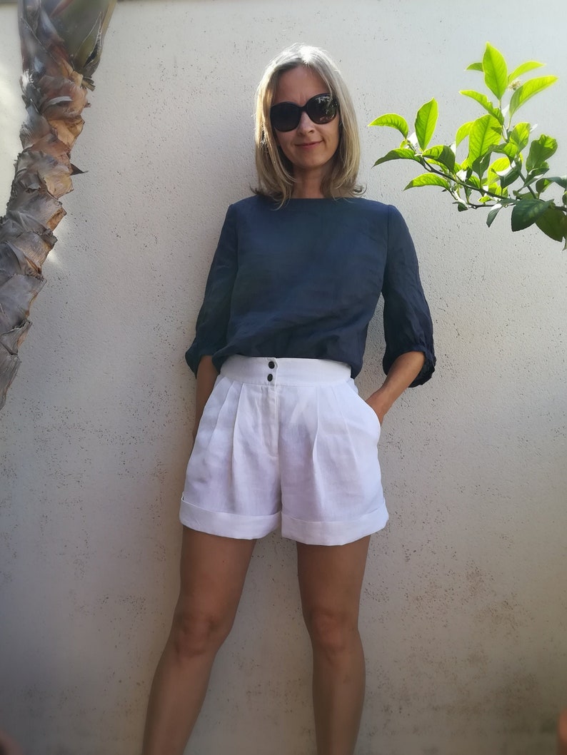 Blue boat neck, 3/4 puff sleeve top, ramie. Puff sleeve linen summer top.