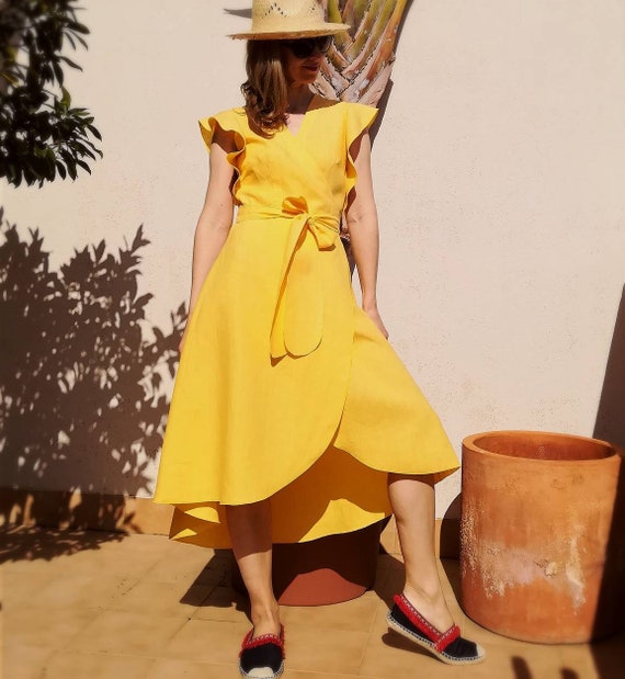 yellow linen wrap dress