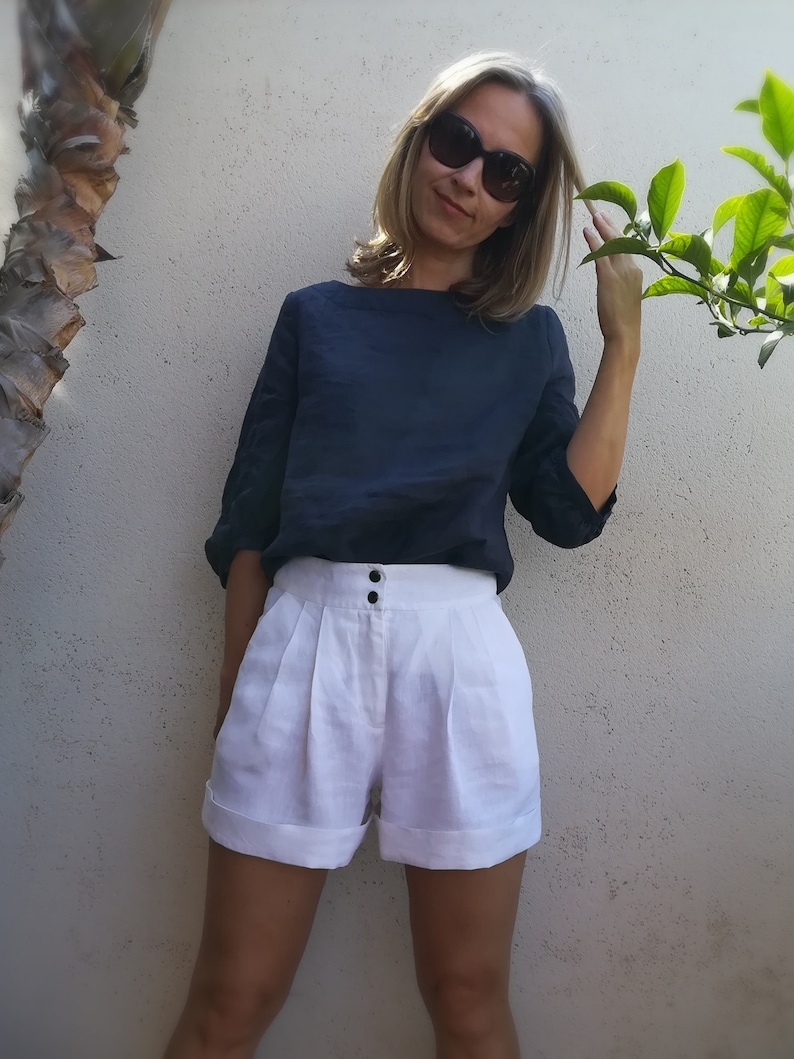 Blue boat neck, 3/4 puff sleeve top, ramie. Puff sleeve linen summer top.