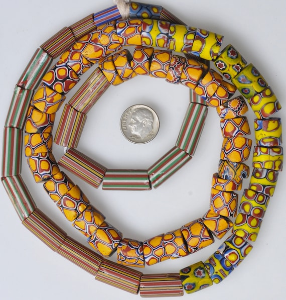 Long 32 Inch Strand of Antique Venetian Millefiori Green Heart Beads  Vintage African Trade Beads MF7824